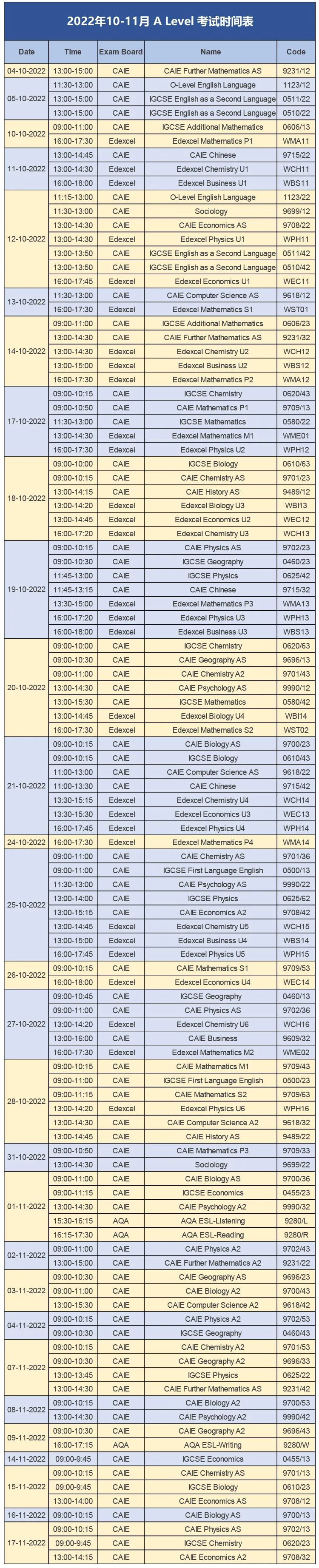 光华启迪2022年10-11月A Level考试时间表