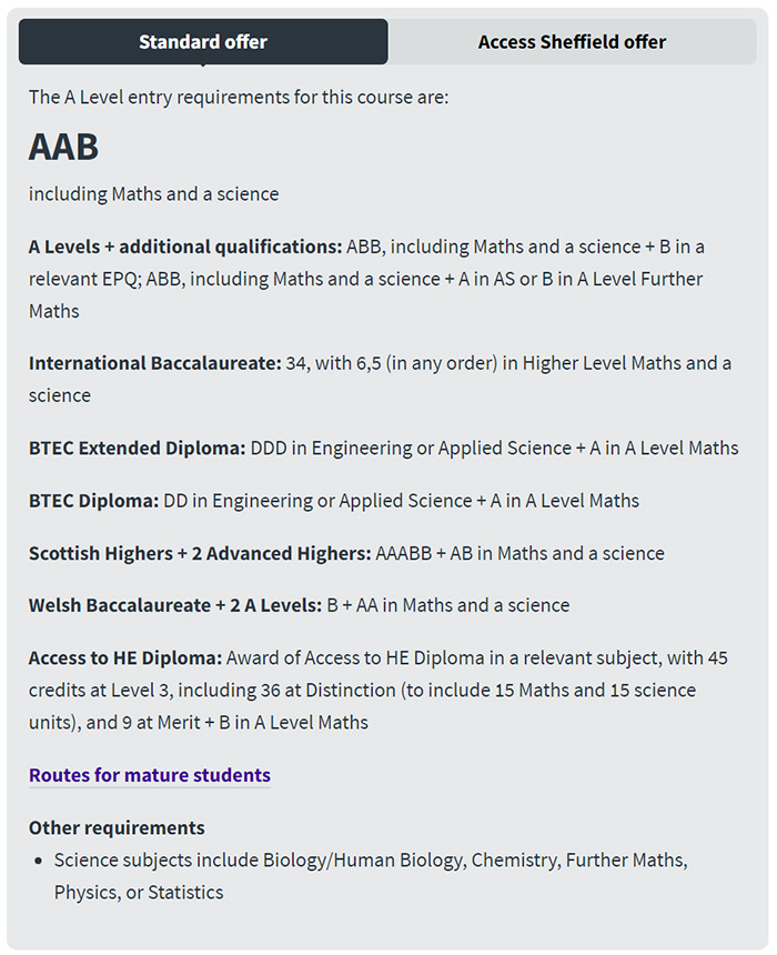 英国谢菲尔德大学2024-2025年A Level入学要求