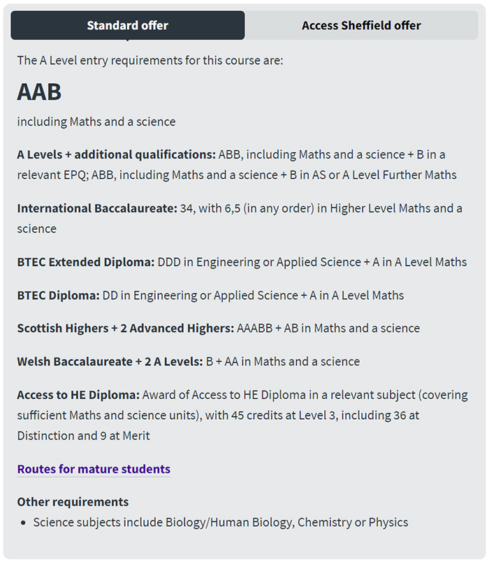 英国谢菲尔德大学2024-2025年A Level入学要求