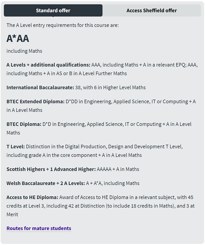 英国谢菲尔德大学2024-2025年A Level入学要求