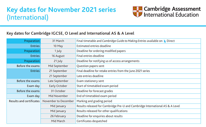 2021年CAIE局秋季IGCSE、A-Level报名及考试时间