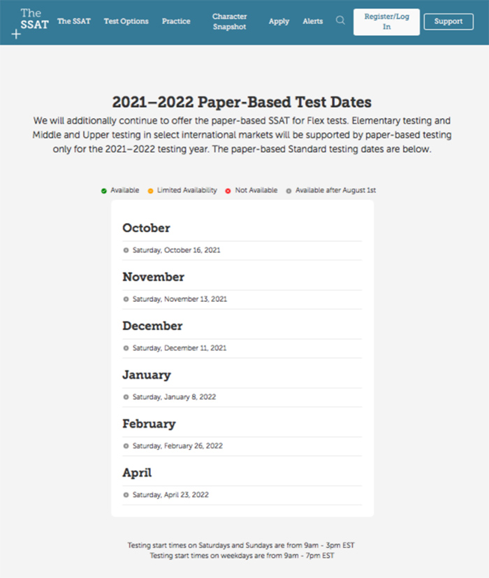 2021-2022年SSAT纸笔考试日期安排